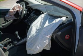Deployed airbags in a car dashboard.