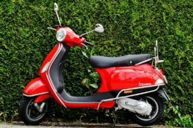 Red moped next to a hedge.